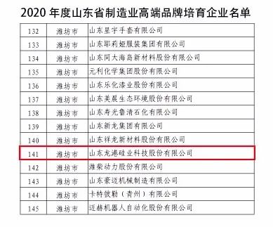 龍港硅業(yè)成功入選“山東省制造業(yè)高端品牌培育企業(yè)”！